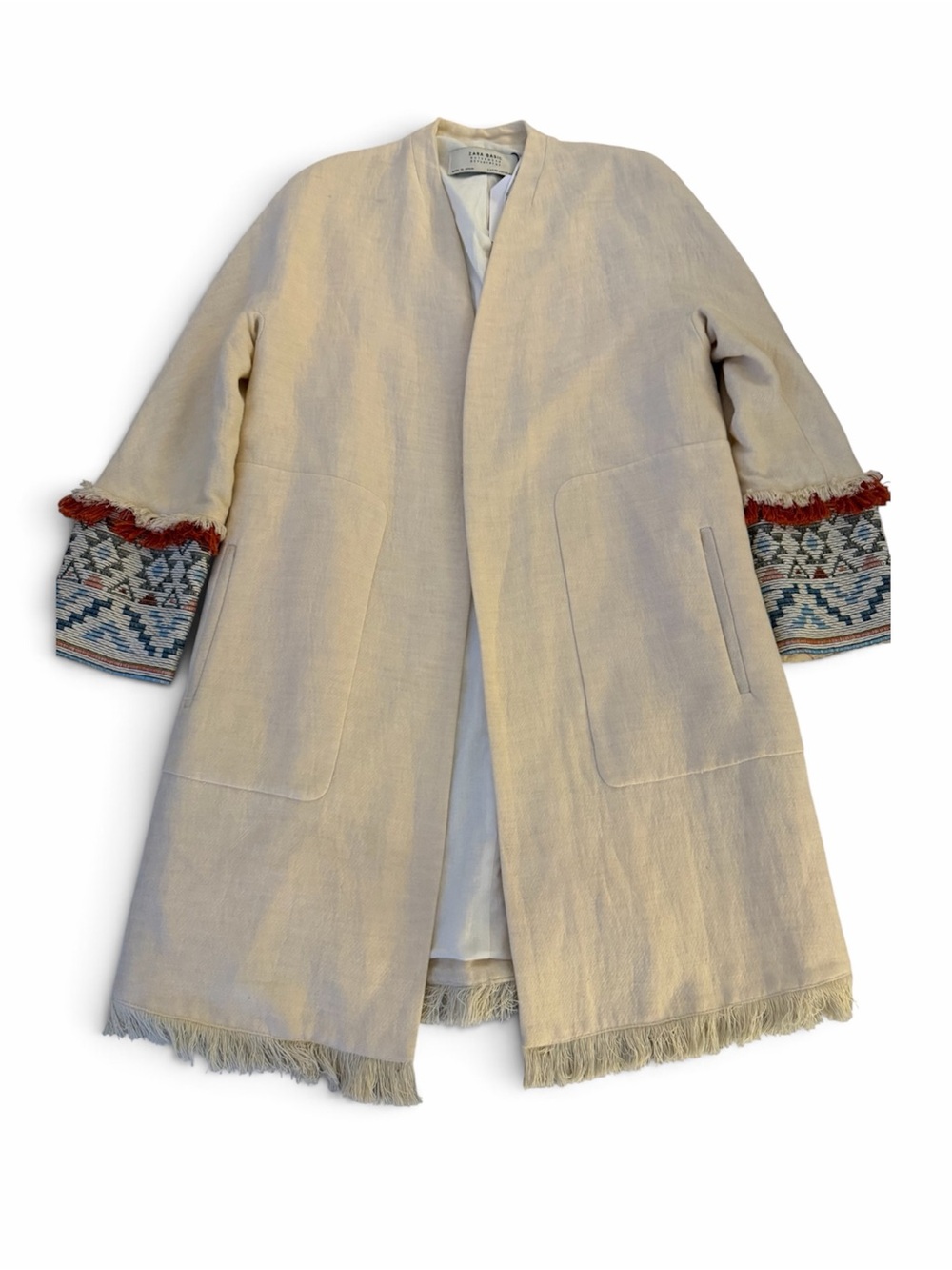 Zara Cream Open-Front Fringe Trim Coat with Embroidered Cuffs - Picture 3 of 7